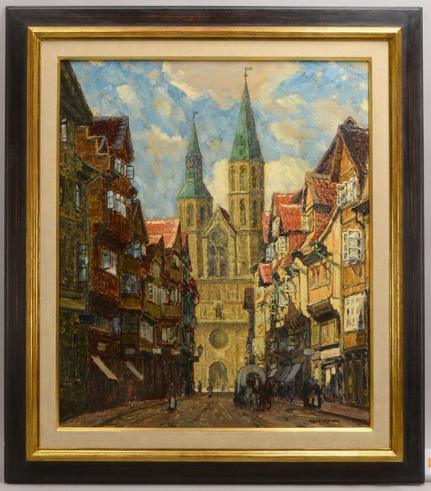 Geyer, Fritz, 'Andreaskirche - Braunschweig', Öl/Platte, unten re. sign., verso bet./Künstleradr.