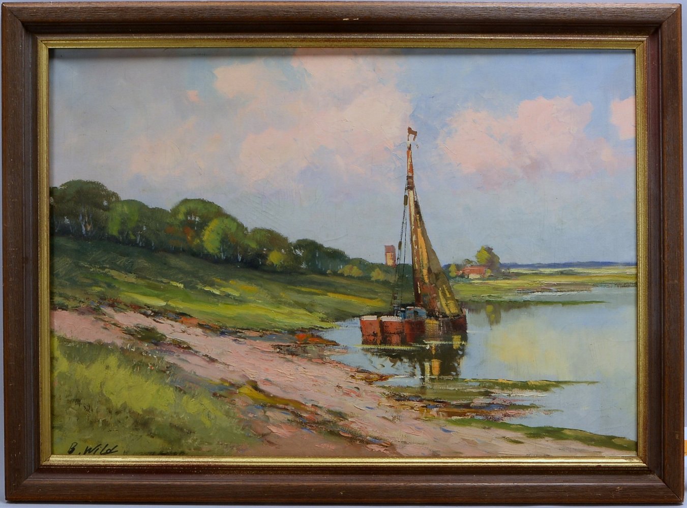 Wild, Bruno, 'Seenlandschaft mit Fischkutter', Öl/Lw, unten li. sign., verso sign./ortsbez.