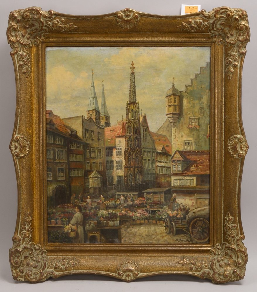 Blaetter, A.A., 'Goldener Brunnen - Nürnb. Hauptmarkt', Öl/Lw, unten re. sign.