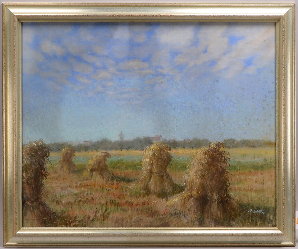 Sokol, Rudolf, 'Erntelandschaft mit Kornhocken', Michtechnik, unten re. sign., hinter Glas