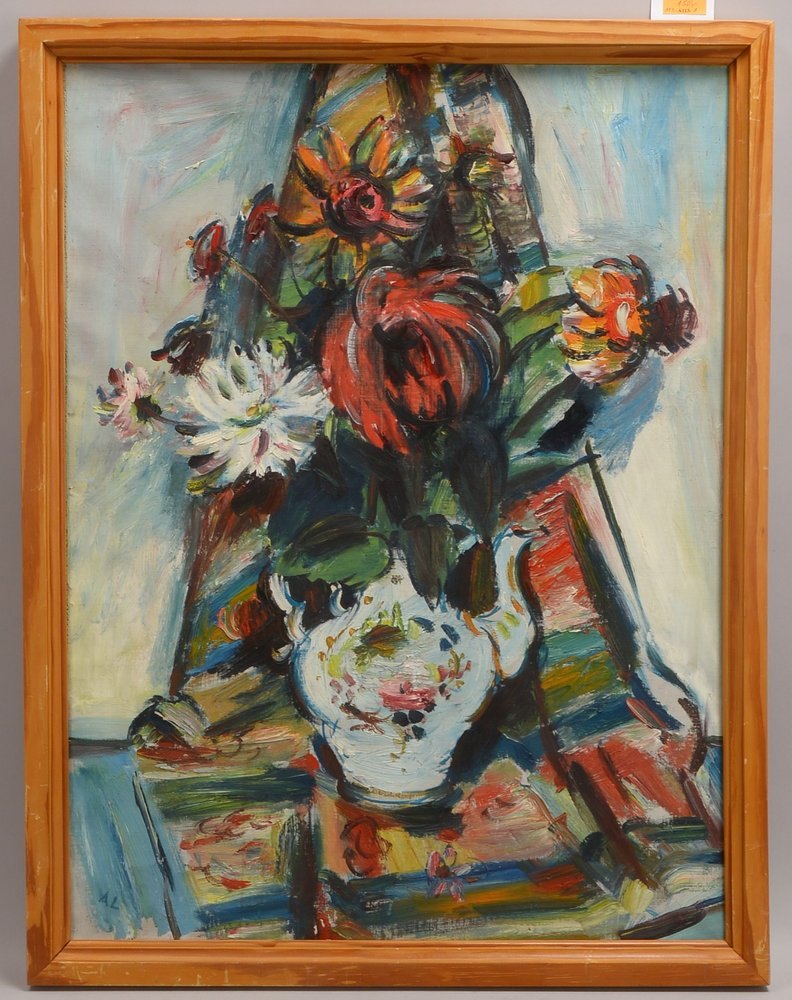 Lichtenford, Alfred, 'Blumenstillleben mit Teekanne', Öl/Lw, monogr., verso biogr. Daten