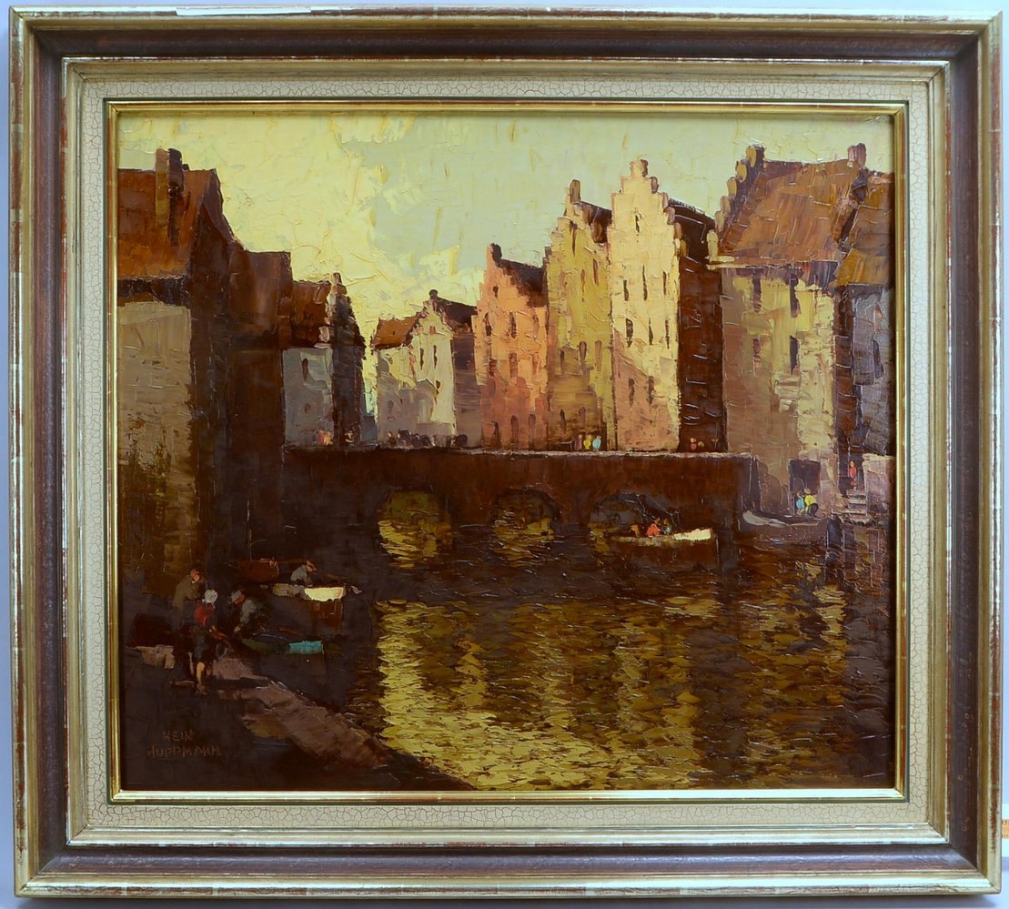 Hoppmann, Hein, 'Fischer am Kanal', Öl/Lw, unten li. sign.; Rahmenmaße 88,5 x 98,5 cm