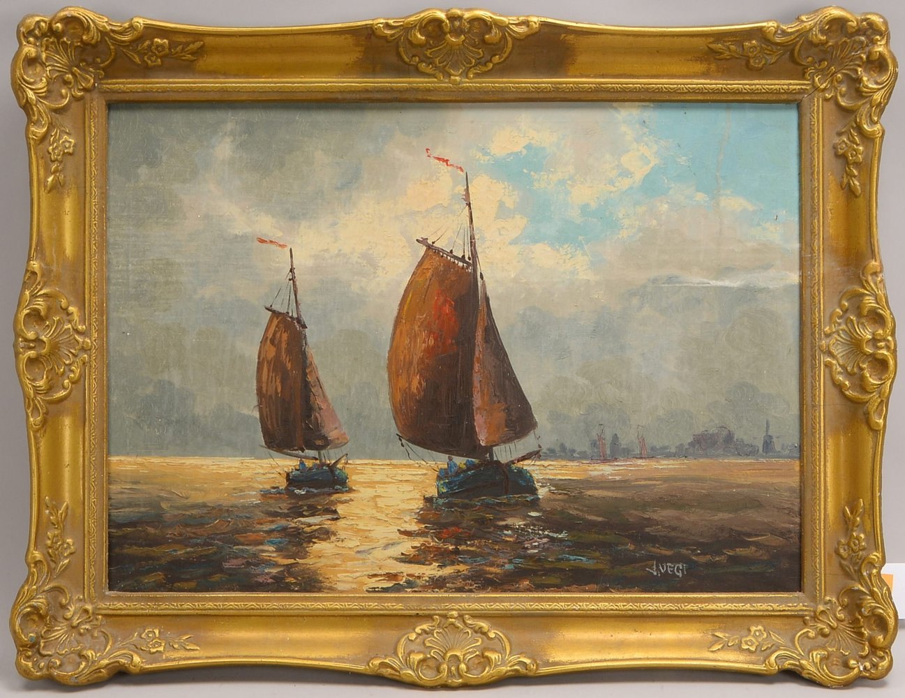 Gemälde, 'Plattbodenschiffe auf See', Öl/Lw, unten li. (unleserlich) sign., ger.; Maße 60 x 90 cm
