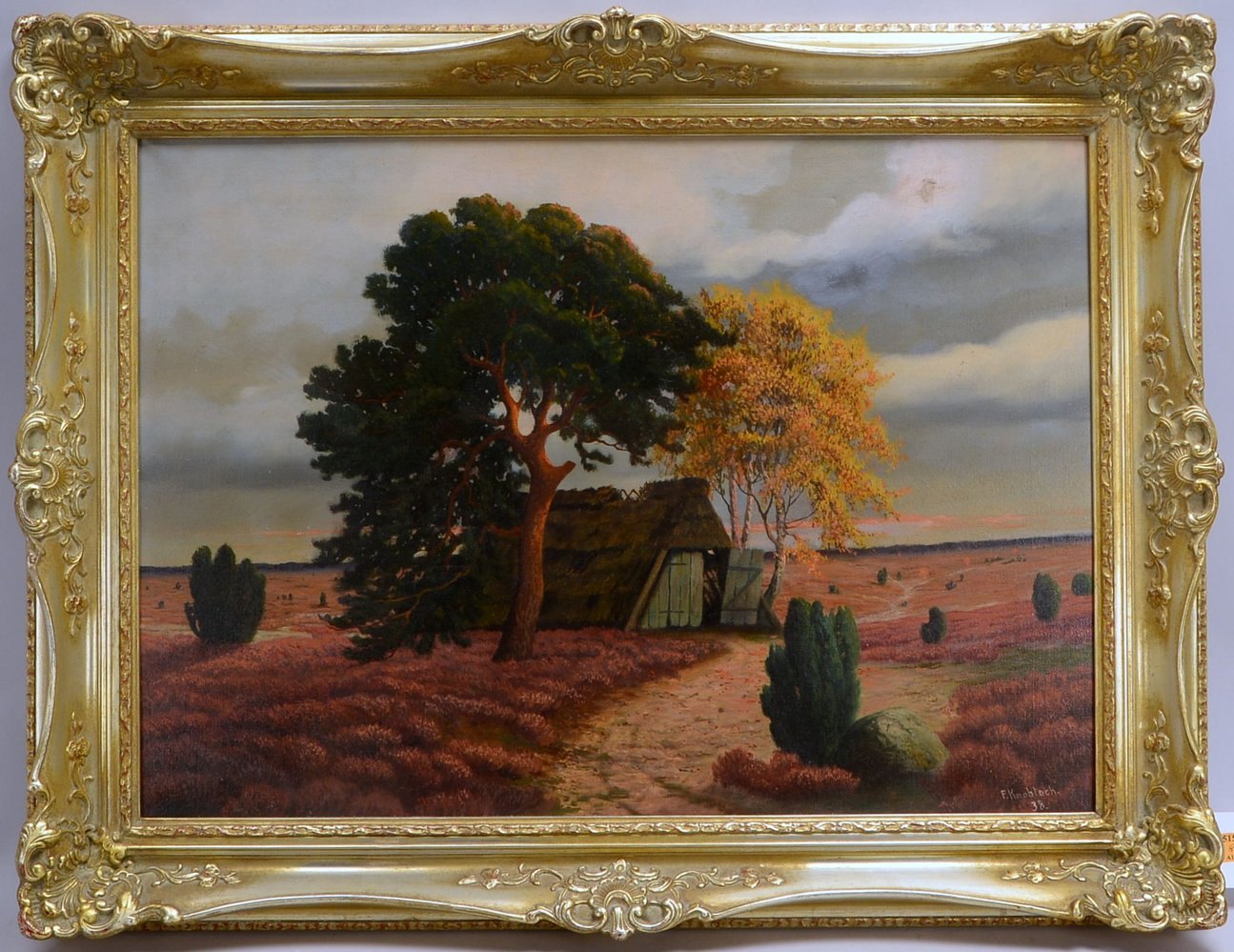 Knobloch, F., 'Heidelandschaft mit Kate', Öl/Lw, sign./dat. (19)'38'; Rahmenmaße 65,5 x 85,5 cm