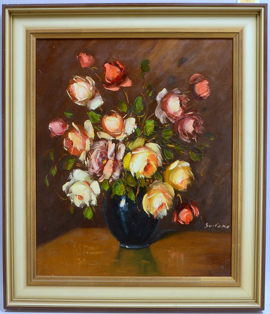 Gemälde, 'Rosen in Vase', Öl/Lw, unten re. (unleserlich) sign.; Rahmenmaße 74 x 64 cm