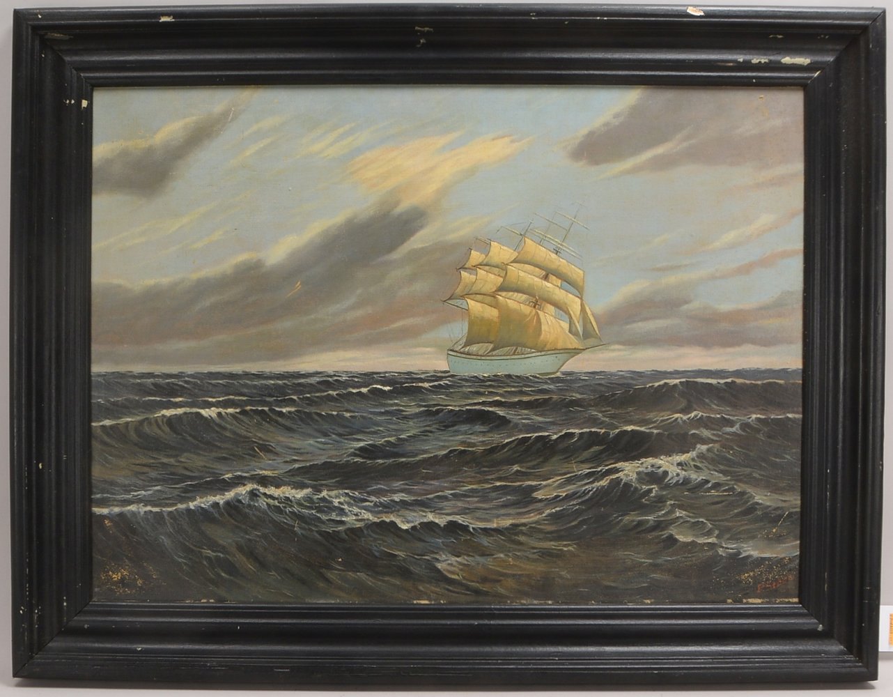Gemälde, 'Dreimaster auf hoher See', Öl auf Malpappe/ger., (unles.) sign.; Maße 62 x 85 cm