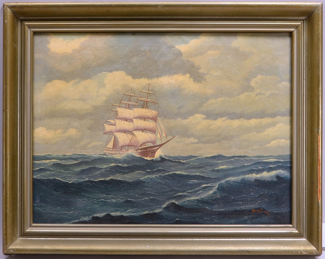 Gemälde, 'Dreimaster in voller Fahrt', Öl/Lw, unten re. (unleserlich) sign.; Maße 45 x 60 cm