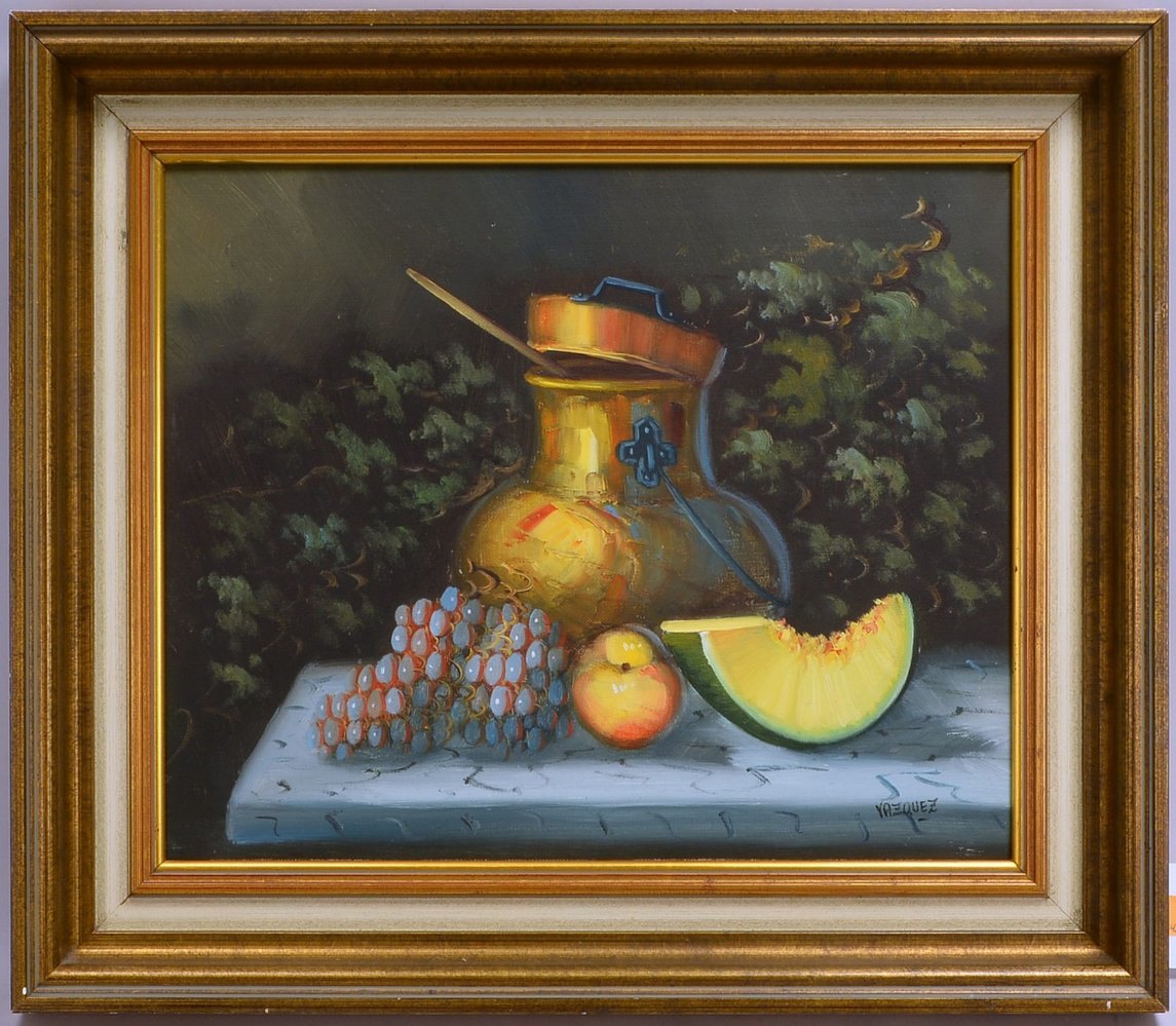 Vazquez (-?), 'Tischstillleben mit Kürbis und Obst', Öl/Lw, sign.; Rahmenmaße 50,5 x 58,5