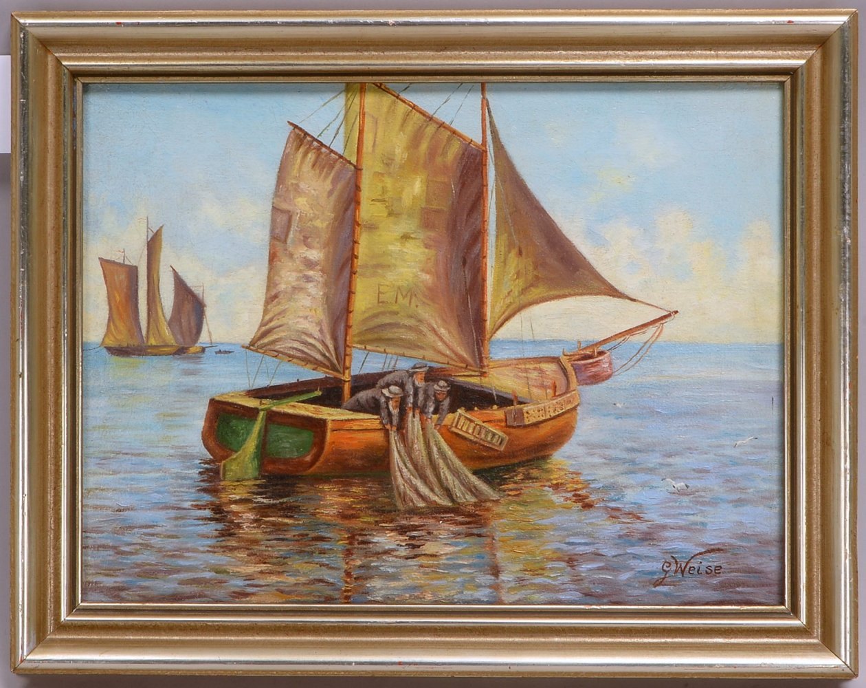 Wiese, G., 'Netz einholender Fischer', Öl/Lw, unten re. sign., gerahmt; Maße 31,5 x 41 cm
