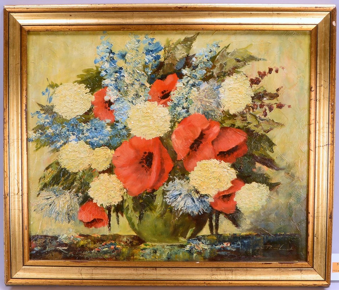 Gemälde, 'Mohn und weiße Hortensien', Öl/Mk, unten re. sign.; Rahmenmaße 56 x 66 cm