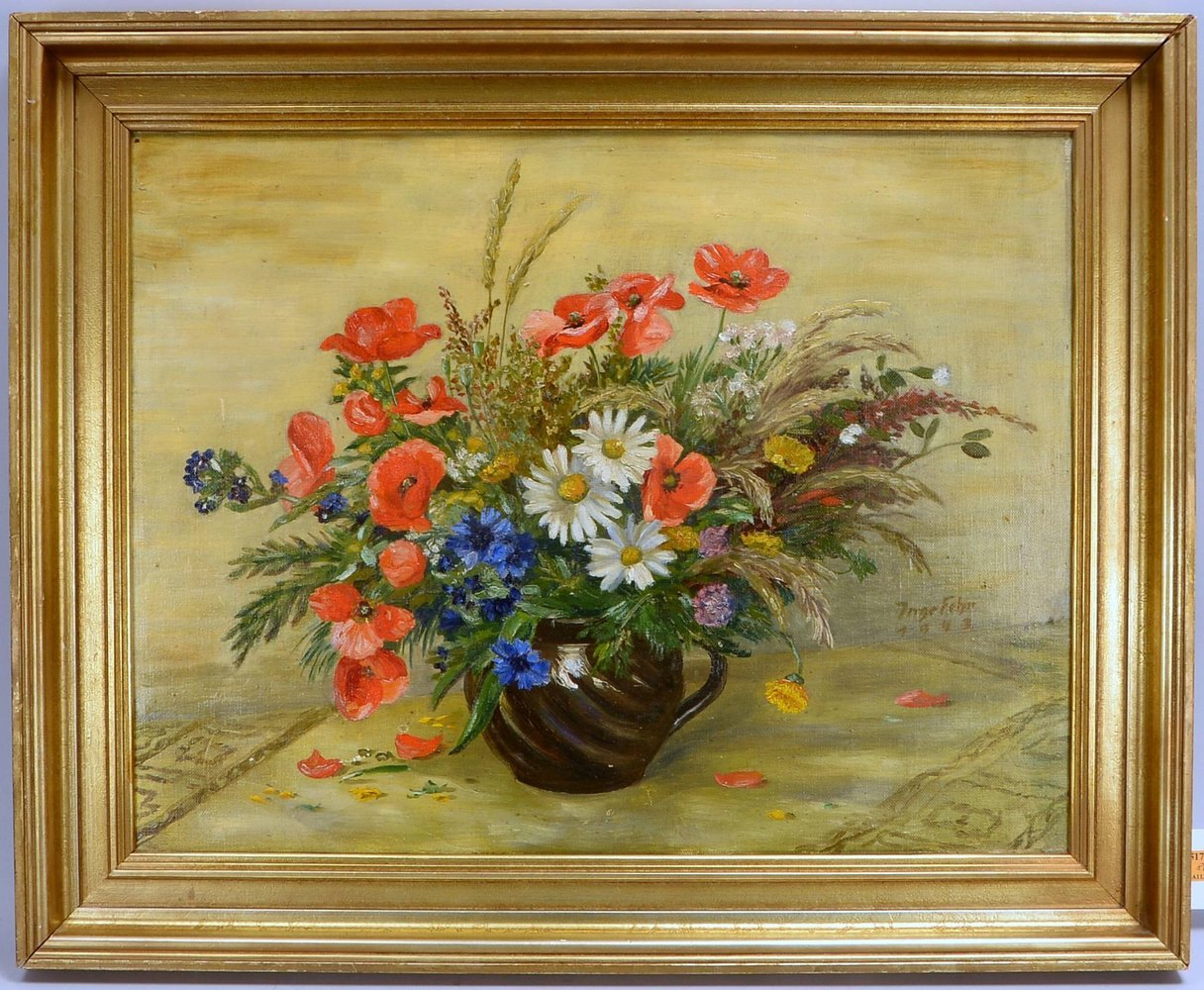 Fehr, Inge, 'Sommerstrauß mit Mohn und Margeriten', Öl/Platte, sign./dat. '1943'
