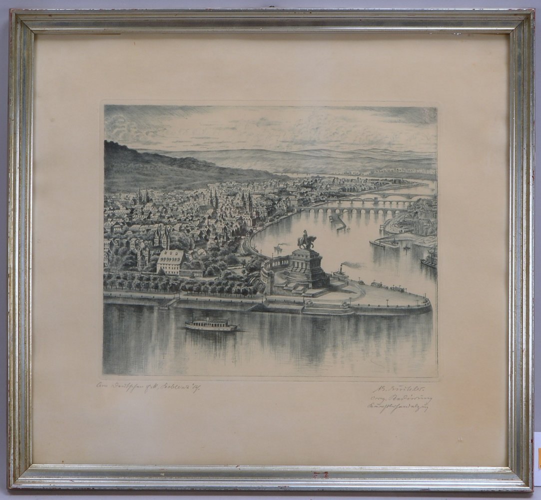 Radierung, 'Ansicht von Koblenz', bleisign./hinter Glas sign.; Rahmenmaße 49,5 x 53,5 cm
