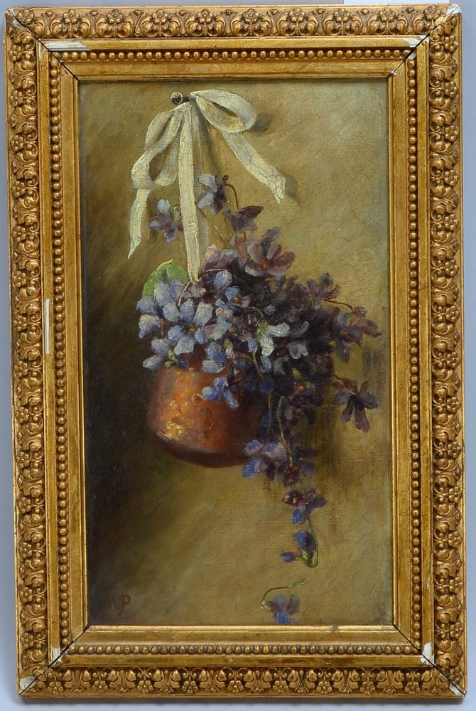 Monogr. MP, 'Blumenstillleben in Blumenampel...', Öl/Lw, unten li. monogr.