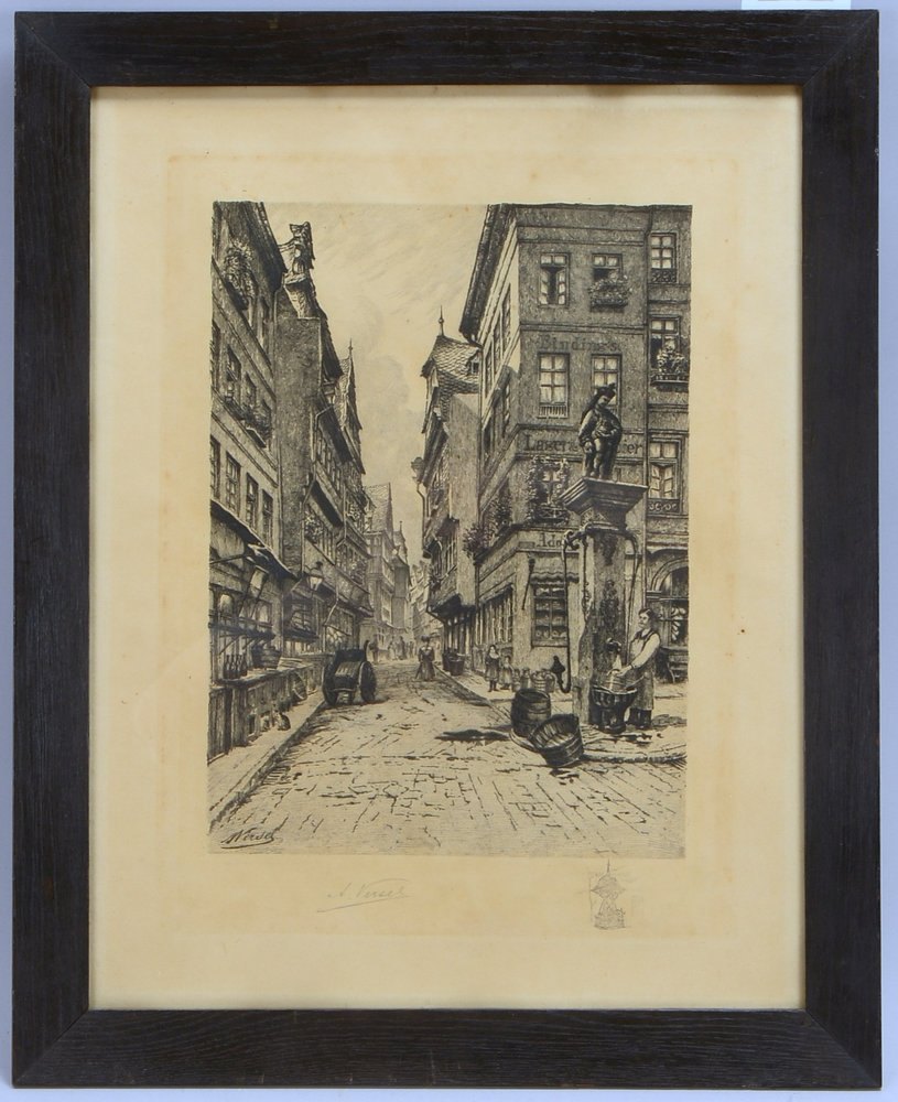 Radierung, 'Alte Stadtgassenansicht', in der Platte sign., auf dem Blatt bleisign., hinter Glas