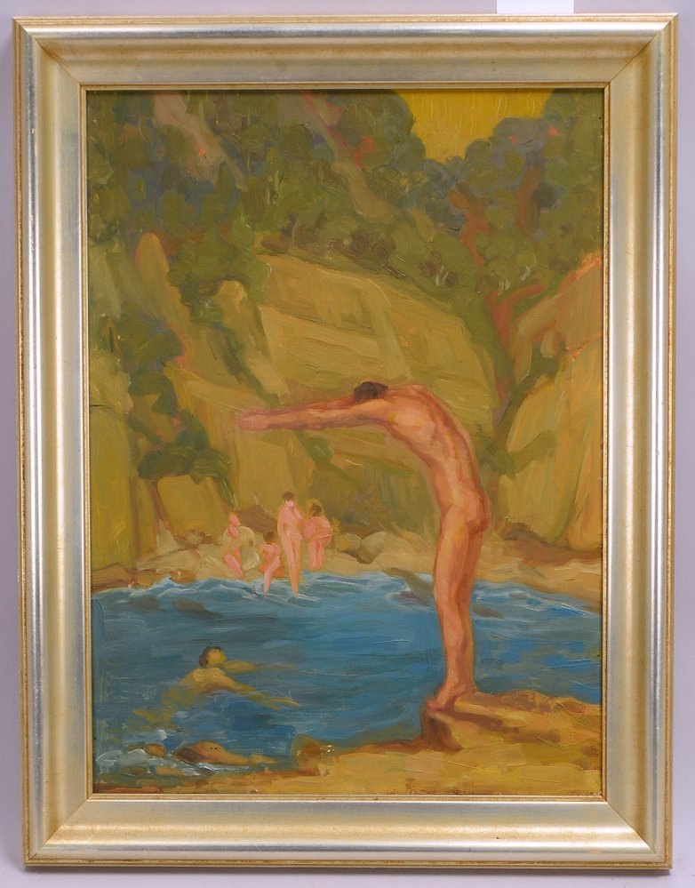 Treichler, Meta, 'Badende junge Männer', Öl/Lw, unsigniert; Rahmenmaße 61 x 47 cm