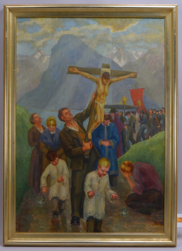 Treichler, Meta, 'Prozession', Öl/Lw, unten re./verso monogr.; Rahmenmaße 97 x 70 cm