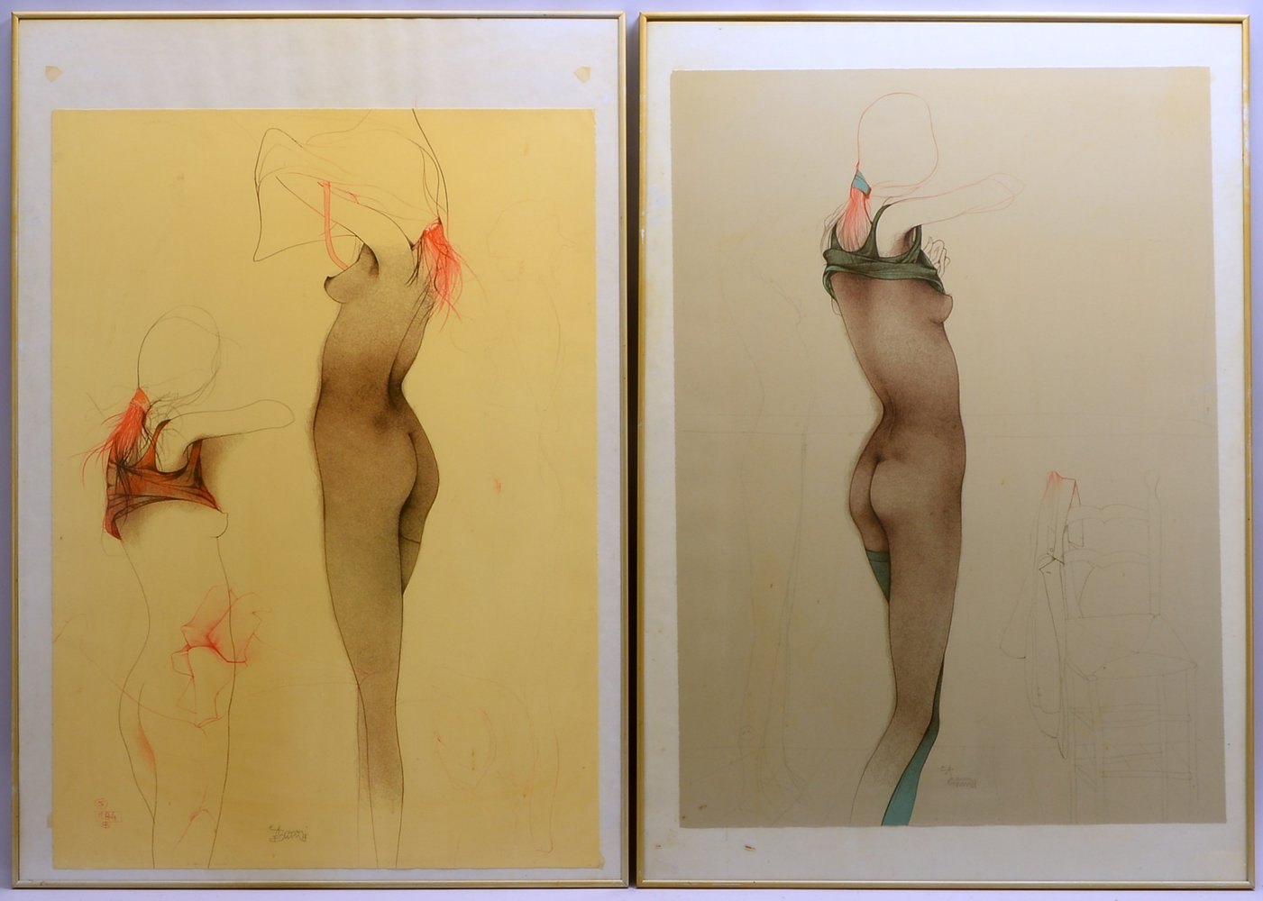 Bruno, Bruni, 'Weibl. Akte', 2 Lithogr., in der Platte sign./ger.; Rahmenmaße 101 x 71 cm