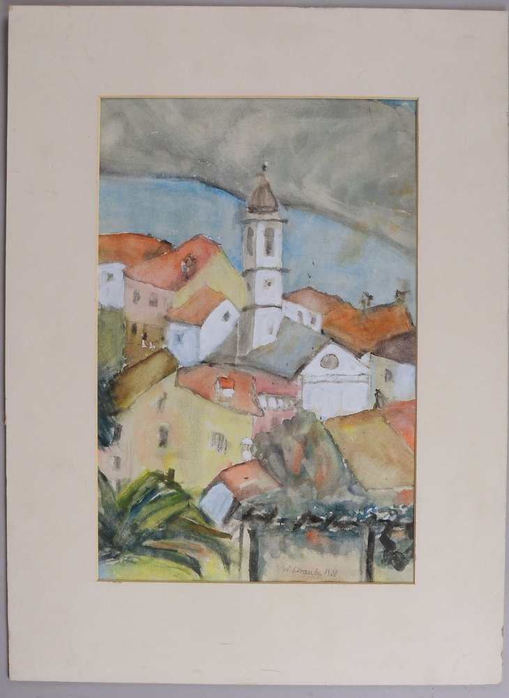 Straube, William, '... Stadt mit Kirche', Aquarell (1928), unter PP; Blattmaße 30 x 42 cm