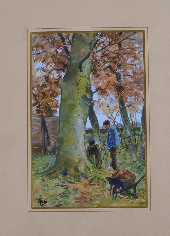 Miolee, Airianus, 'Arbeitende Bauern', Aquarell/Karton, sign., unter PP fixiert