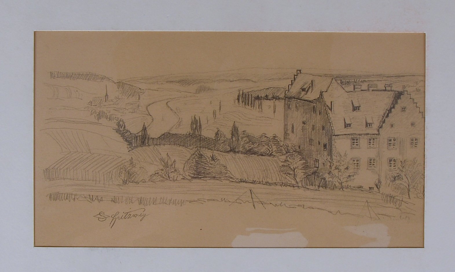 Spitzweg, Carl, 'Landschaft mit Gehöft', Bleistiftzeichnung, Signaturstempel, unter PP