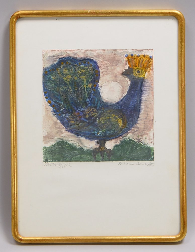 Lindner, Walter, 'Pfau', Monotypie, bleisign./dat. (19)'80', hinter Glas