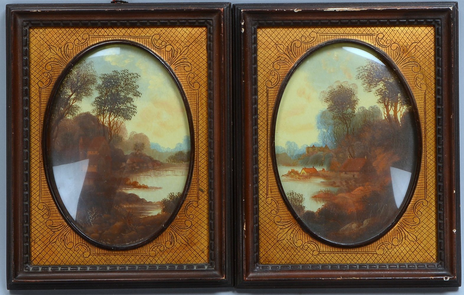 Lerains, Alfredo, 2 Minaturen, 'Landschaft mit Haus am See', Öl/? sign., ger./oval