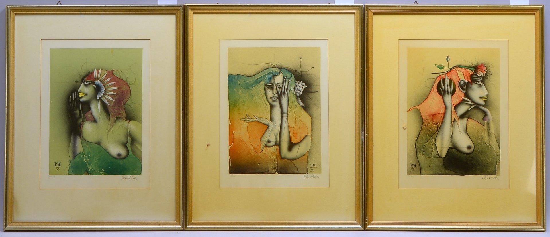Wunderlich, Paul, 'Nicht hören - nicht sehen - nicht sprechen', 3x Farblithogr., hinter Glas