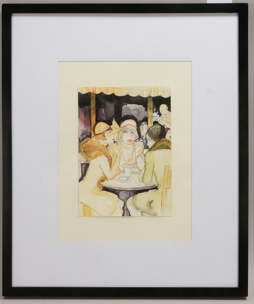 Gemälde, 'Berliner Kaffeehausszene...', Aquarell/Pastell, unsign., unter PP hinter Glas