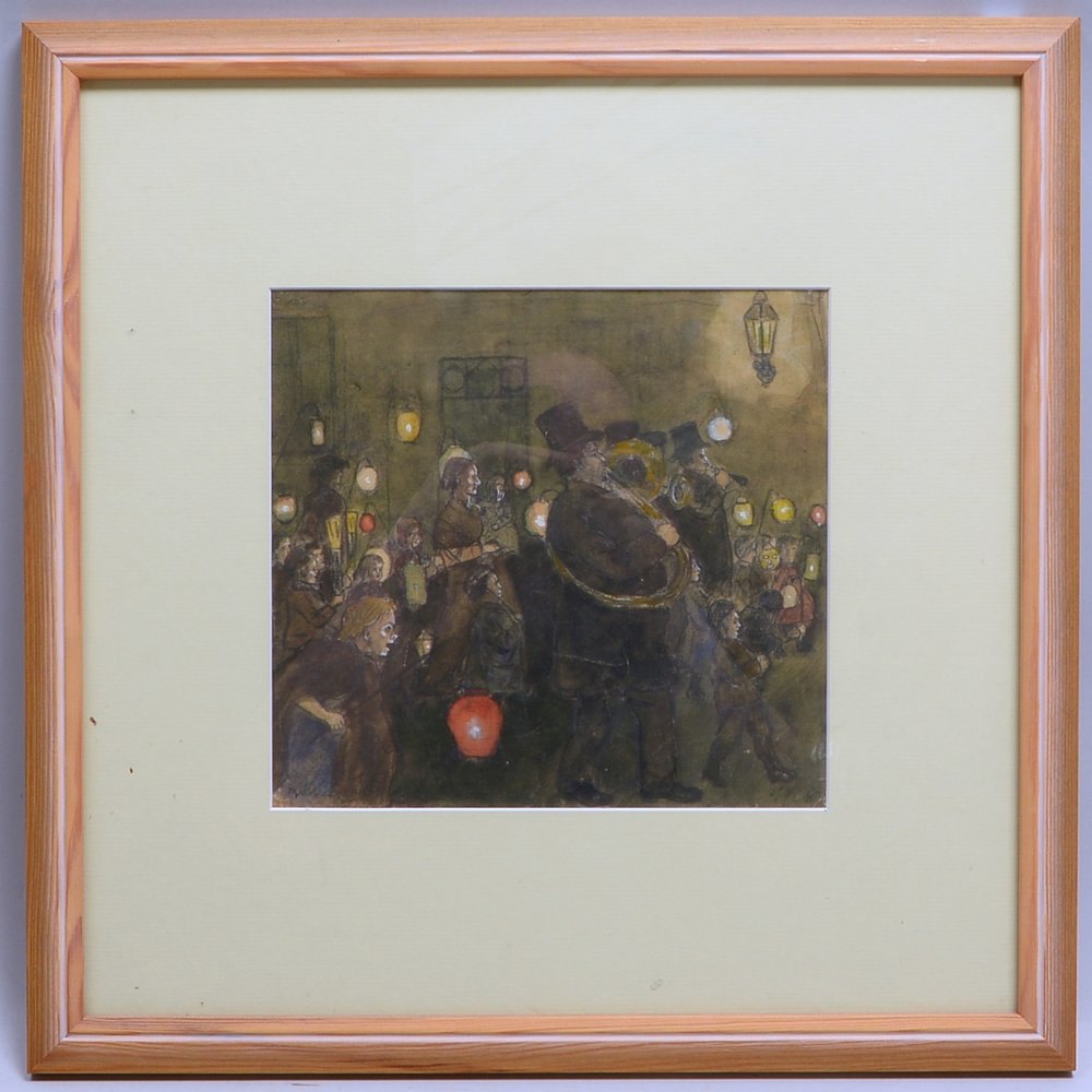 'Musikzug mit Laternenkindern', Bleistiftzeichn./Gouache, sign./dat. '1908', unter PP