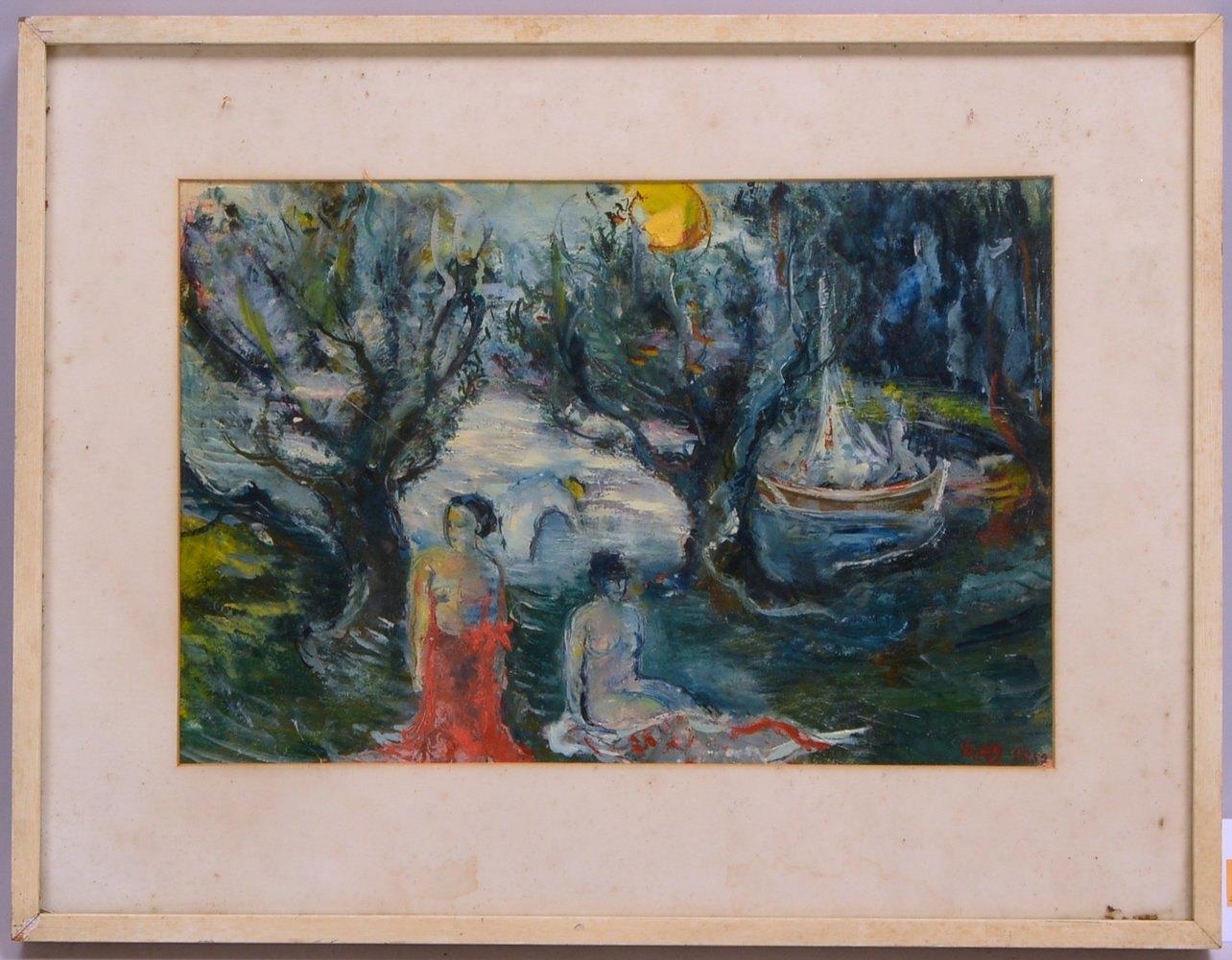 Monogrammist G.K.O., 'Zwei Frauen am Wasser', Öl auf Malgrund, monogr./dat. '1957'