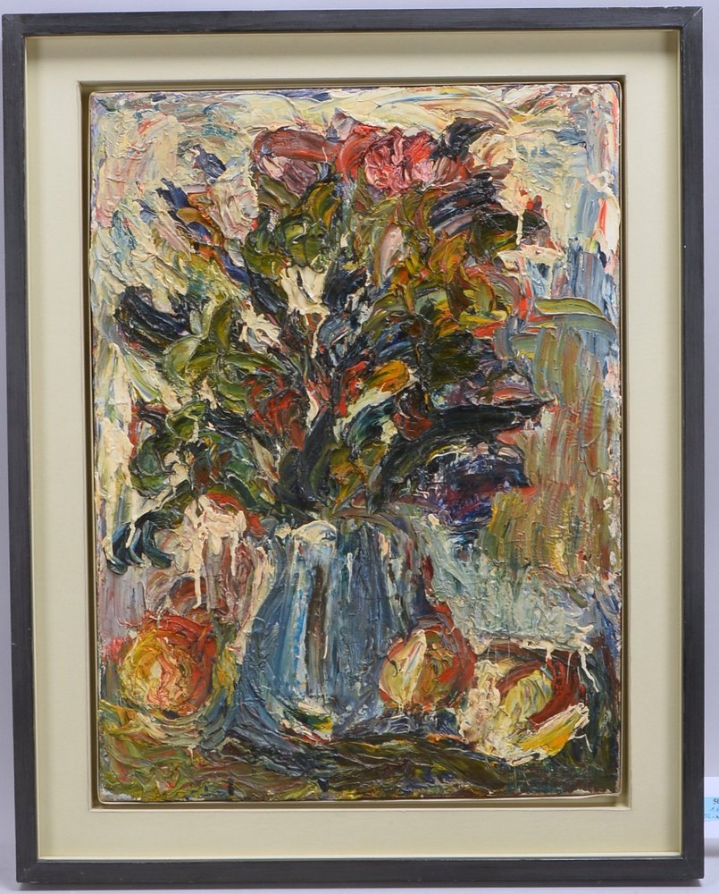 Schwarzer, Bernd, 'Expressives Tischstillleben mit Obst und Blumen', Öl/Lw