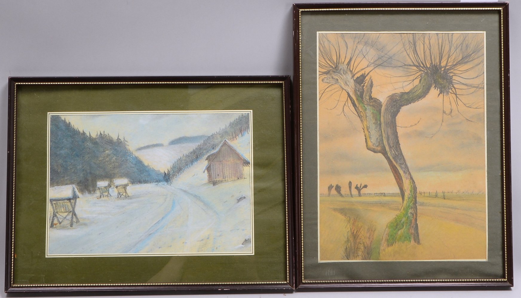 Ohler, Willy (zugeschr.), 2 Kreidepastelle, 'Winterl. Waldlandsch.', und 'Kopfweide', hinter Glas