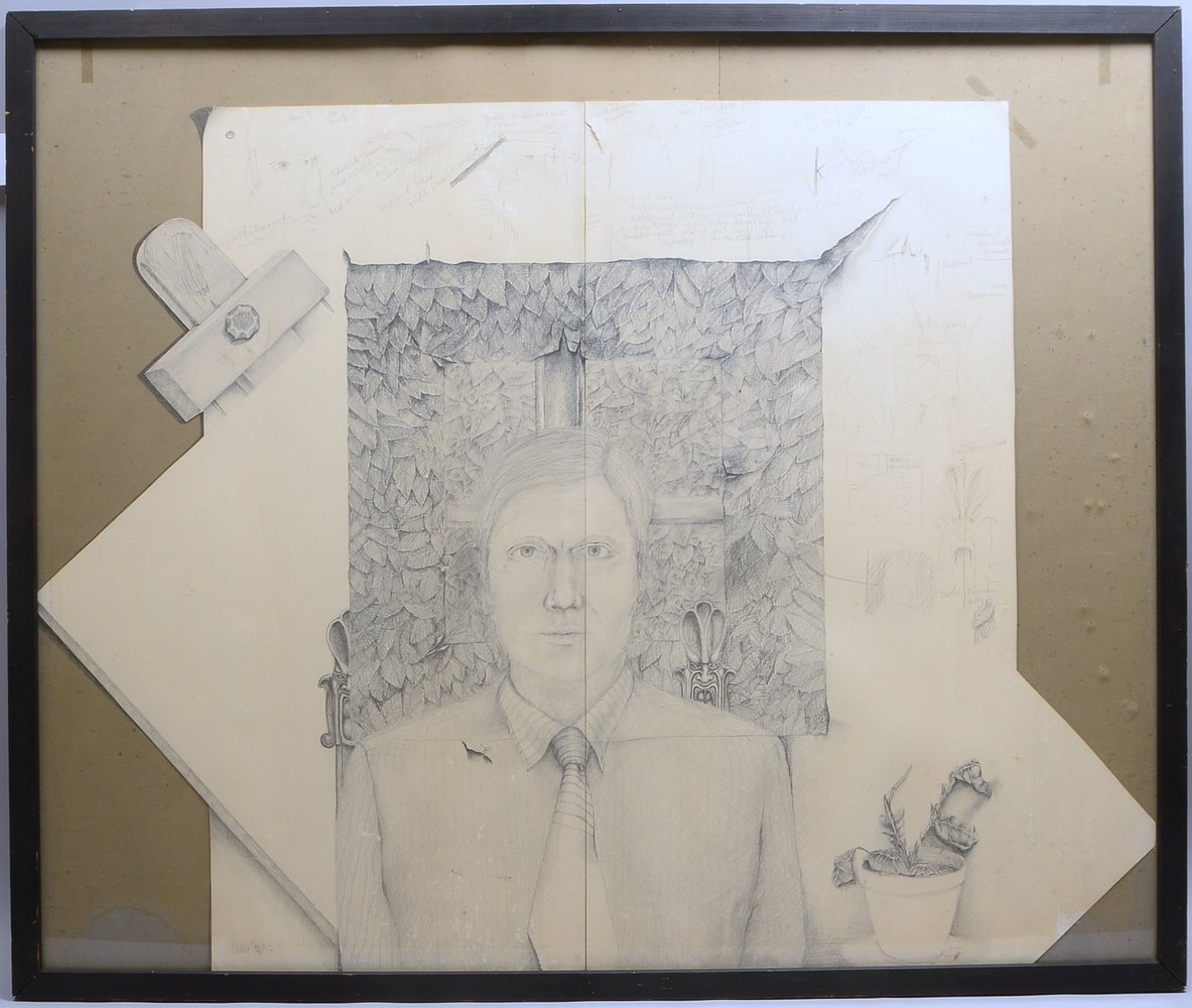 Pieper, Diedee, 'Surrealist. Männerportrait', gr. Bleistiftzeichn./Text, sign., hinter Glas