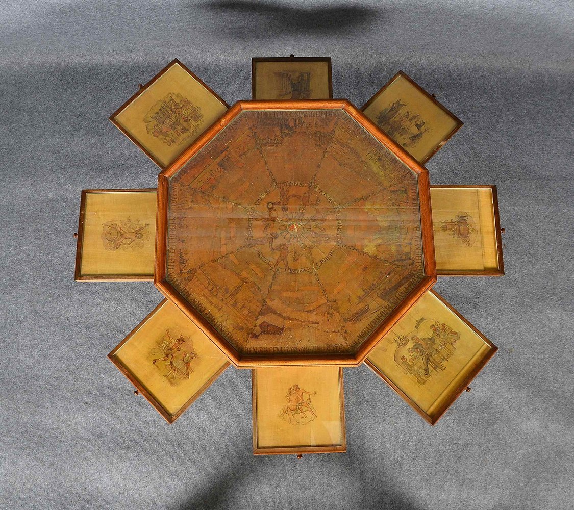 Weintisch, 8-passig, Malerei auf Holz/unter Glas, 8x ausziehb. Ablagen/szen. Darst.