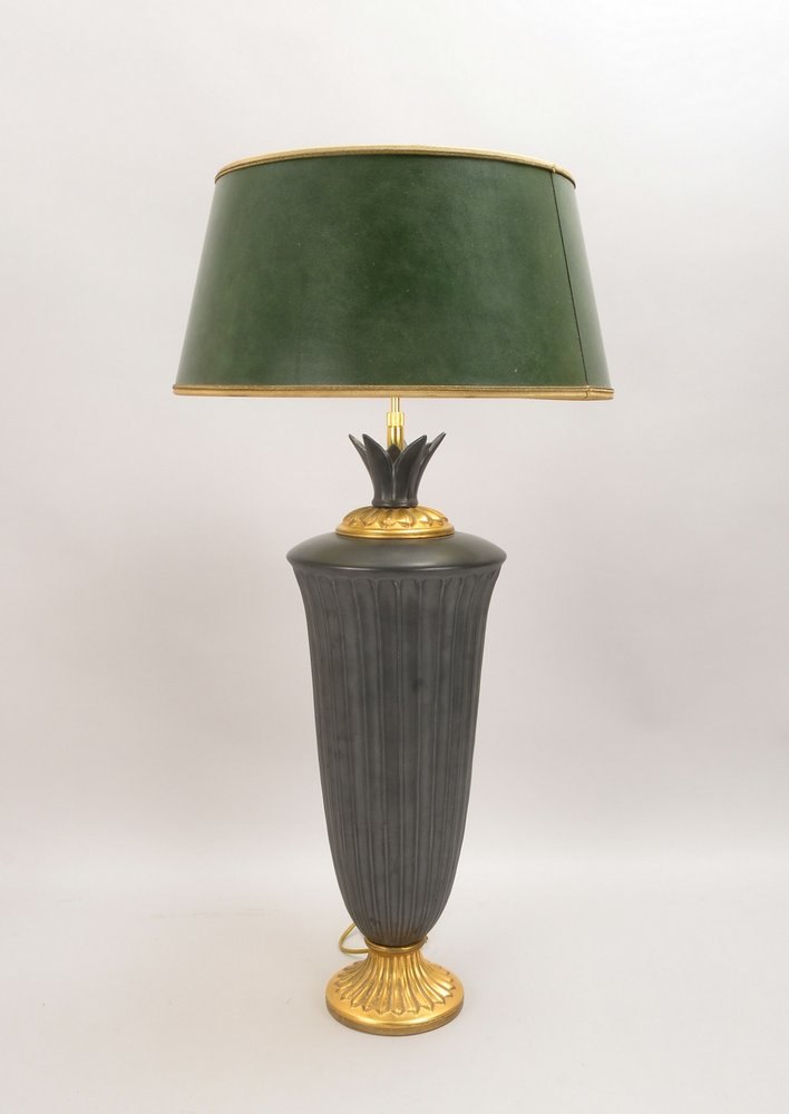 Tischlampe, 2-fl., Keramikkorpus mit rundem Schirm, Racing Green/goldstaff., höhenverst., auf Stand