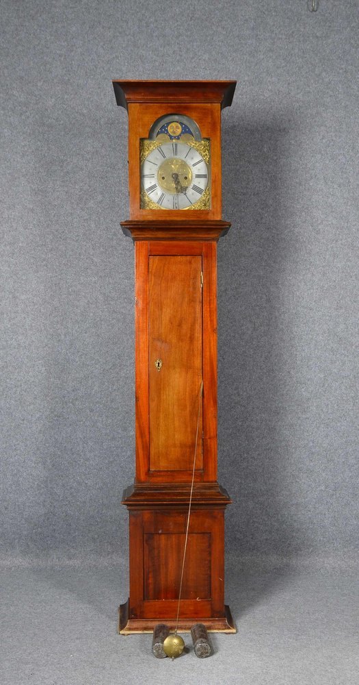 Standuhr, Mahagoni, Messing-Räderwerk, Messing/Zinn-Ziffernbl., Schlag auf Glocke