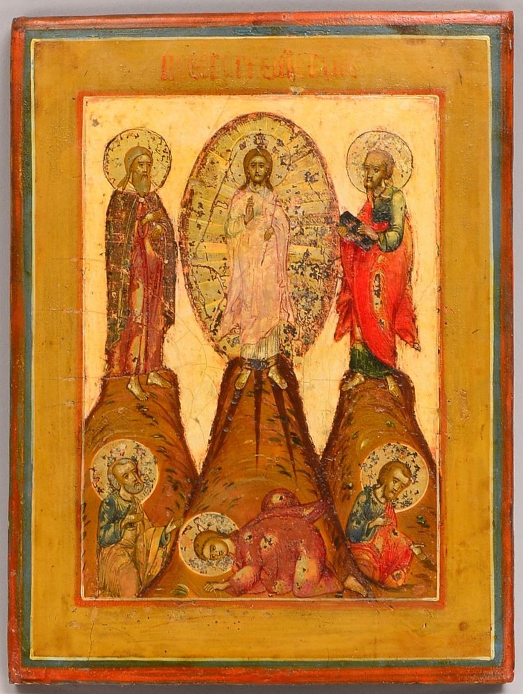 Russ. Ikone, '... Verklärung Christi auf dem Berg Tabor', Tempera/Holz; Maße 17 x 13 cm