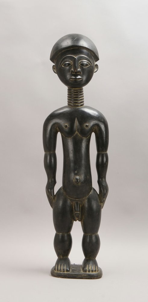 Holzskulptur, 'Stehende männl. Figur...', Hartholz schwarz ebonisiert; Höhe 87 cm