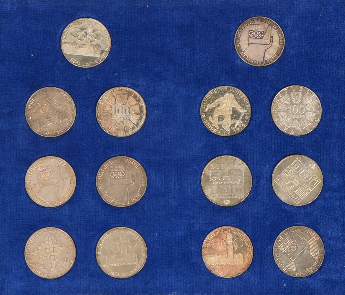 Münzsatz, '12. Olympiade 1976, Innsbruck', 14 Stück, in Sammler-Schatulle