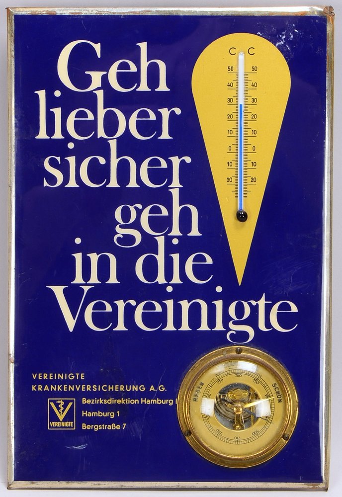 Blech-Werbeschild, 'Geh lieber sicher...', mit integr. Barometer - Fkt. ungeprüft; Maße 28 x 19 cm
