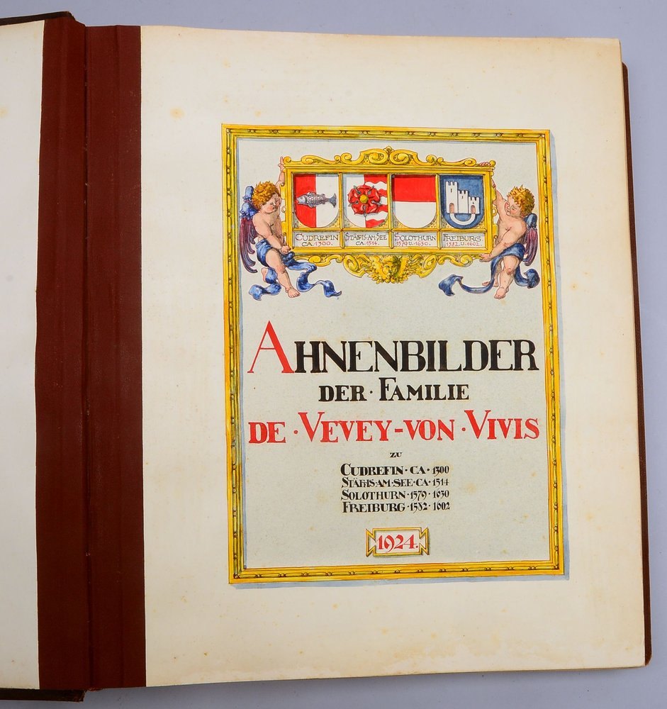 'Ahnenbilder der Familie De Vevey - von Vivis' (1924), ab ca. 1300, im großen Leder-Bildband