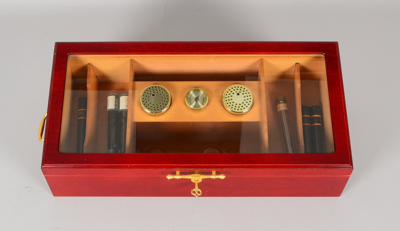 Humidor, Mahagoni-Optik, verglaster Deckel, innen mit Hygrometer/Befeuchter