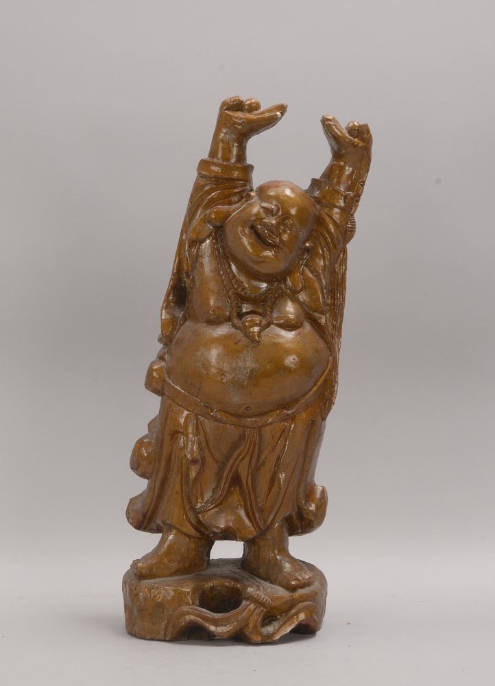 Holzfigur, 'Hotai-Buddha', massives Hartholz, braun-goldf. staffiert; Höhe 60 cm