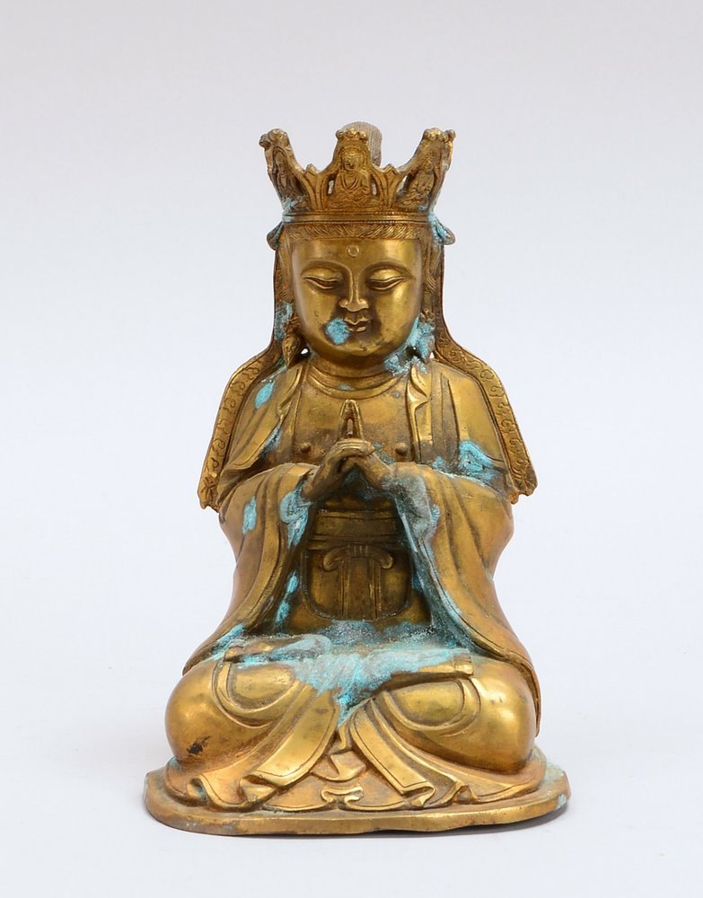Bronzefigur, 'Sitzender Buddha' - in Mudra-Haltung, stellenweise oxid.; Höhe 18 c