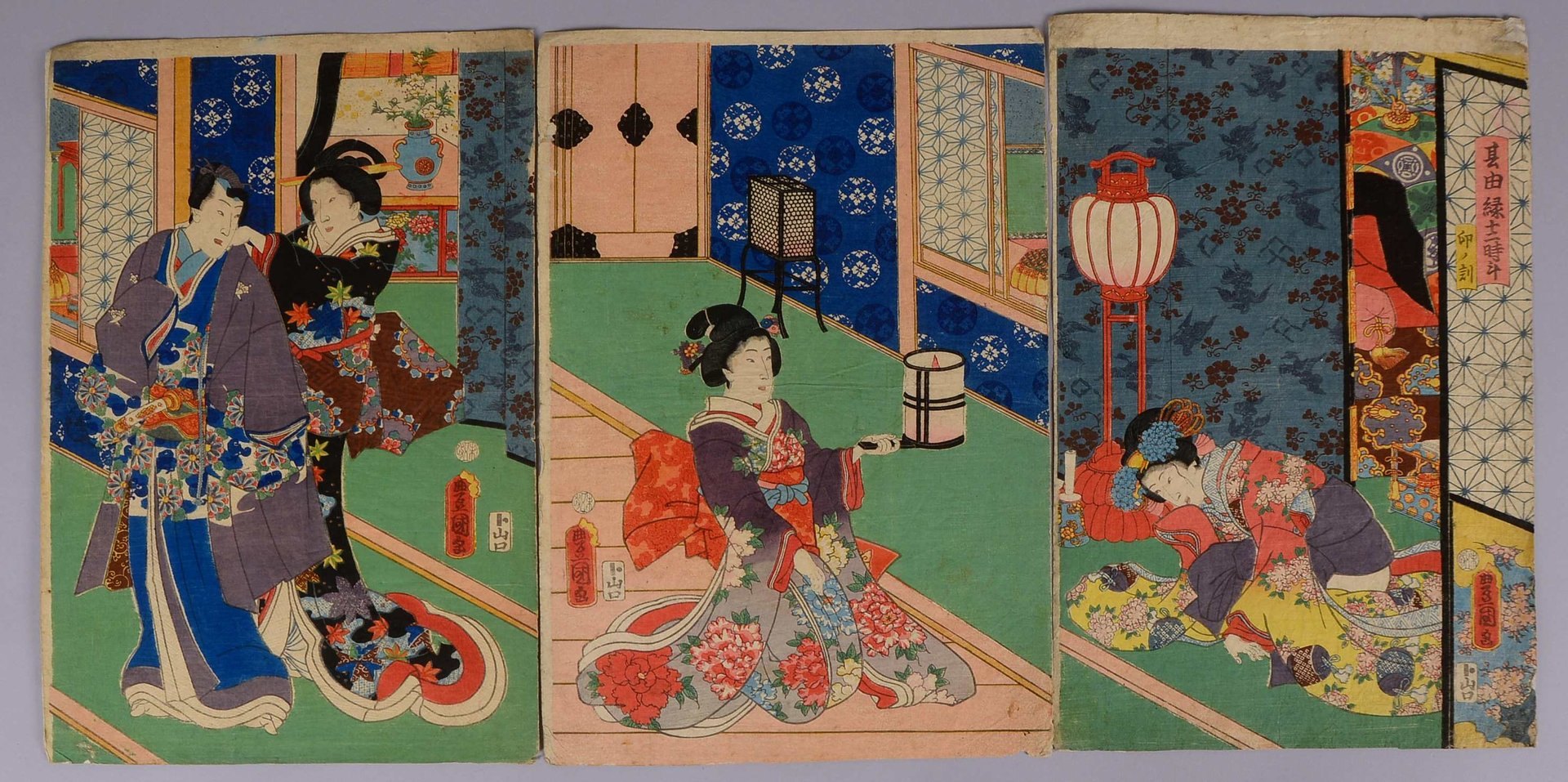 3 Farbholzschn., 'Hofszenen mit Geishas', mit Stempelsign. ungerahmt; Maße 37 x 26 cm