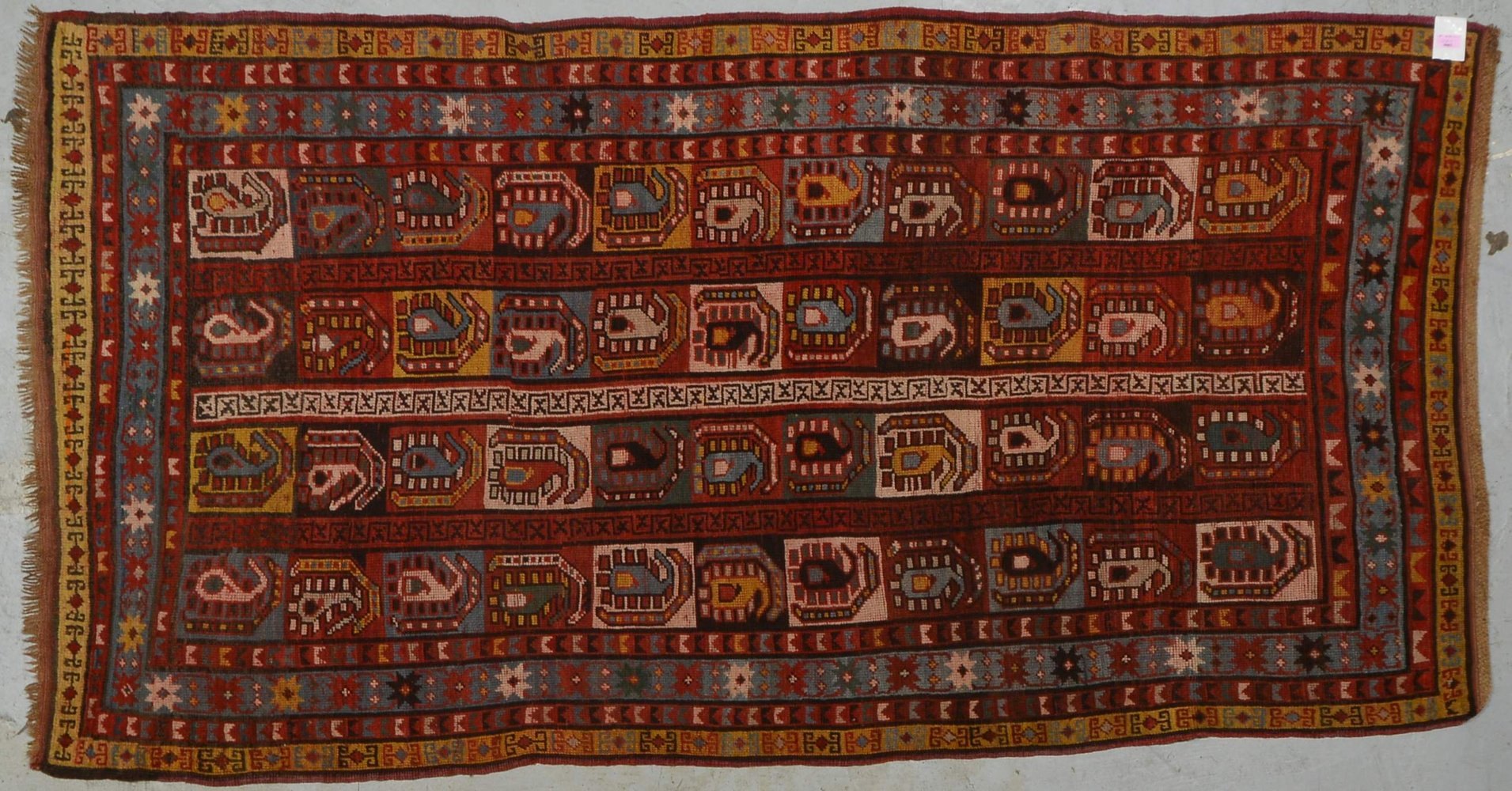 Kaukas.Teppich, antik, mittelfeine Kn., graf. Boteh-Streifenmuster - sammelwürdig
