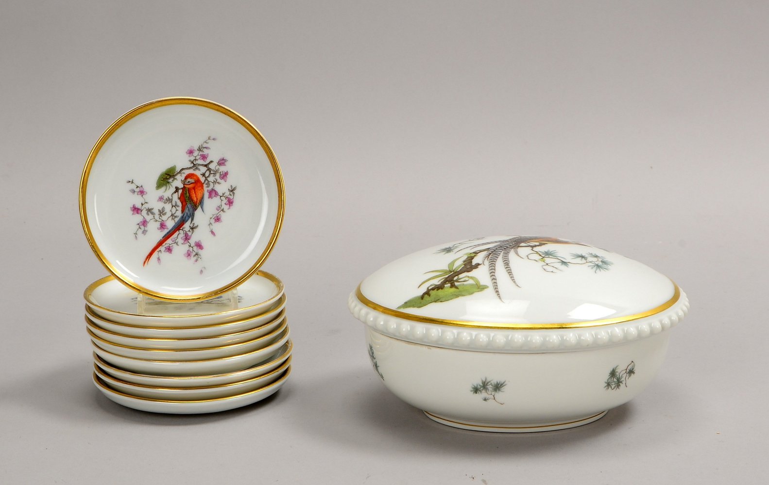 Rosenthal/Bavaria, Konfekt-Anbietset, Vogelmotive, Deckeldose und 9x Schälchen