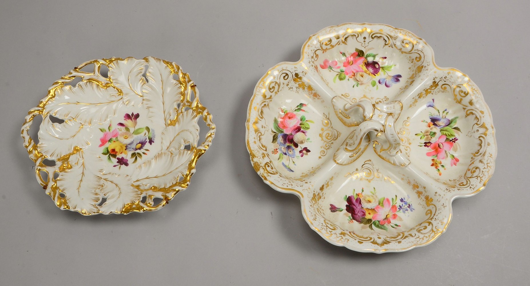 Sächsische Porz.-Manuf., 2 Teller, teils relief., handbem./goldstaff., gem. - 1x portion.