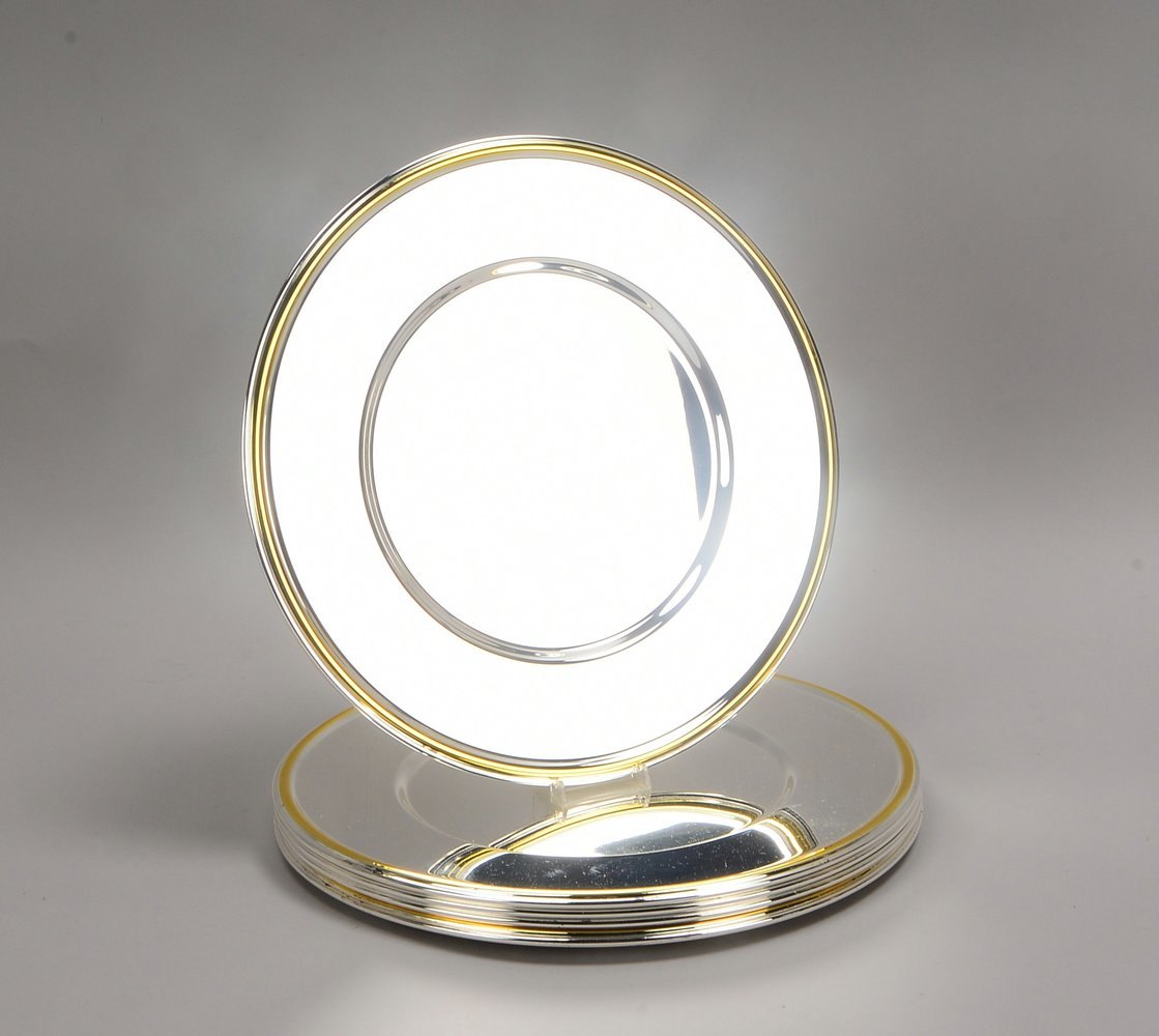 WMF, 5 Platzteller, Silberaufl./teilvergoldet, Monogrammgravur 'D'; Ø 33 cm