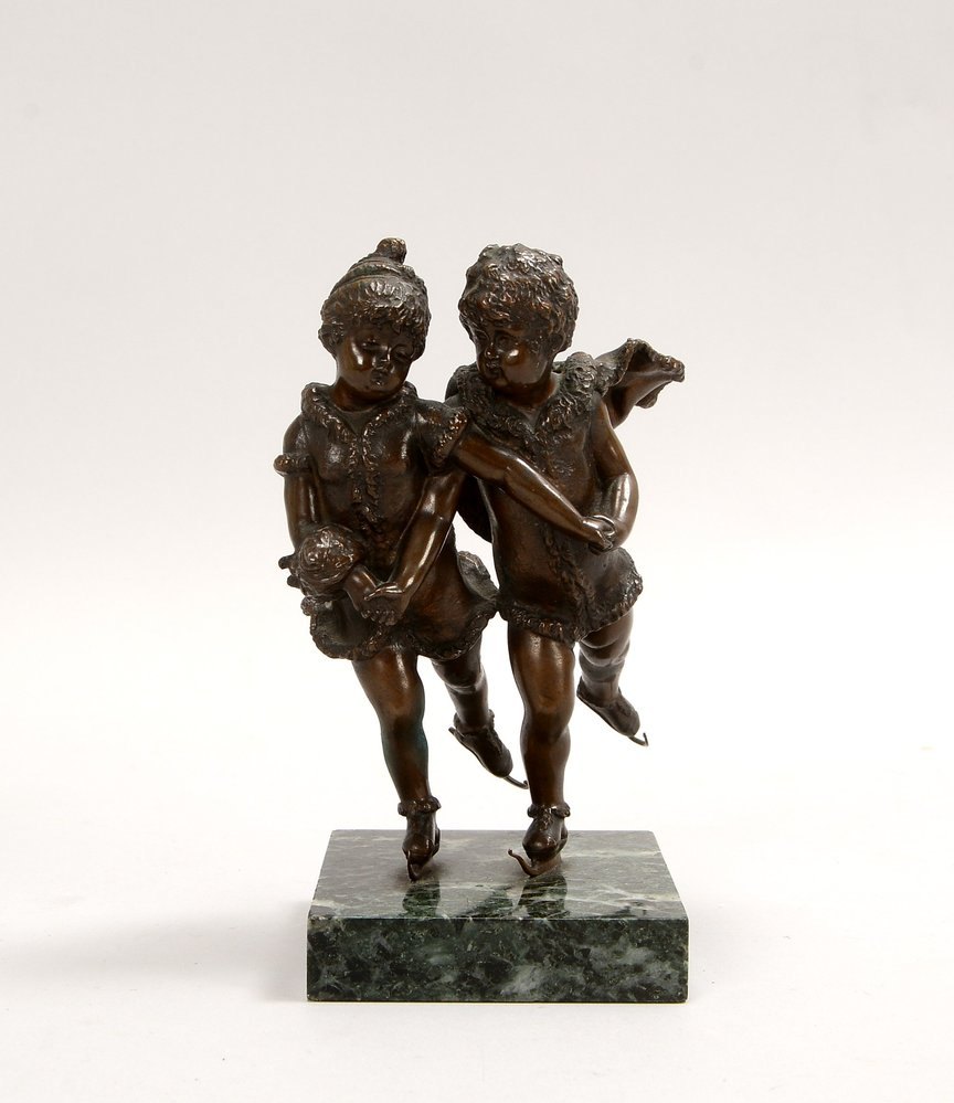 Iffland, Franz, Bronze, 'Schlittschuhlaufende Kinder', sign./dat. '1891', auf Marmorsockel